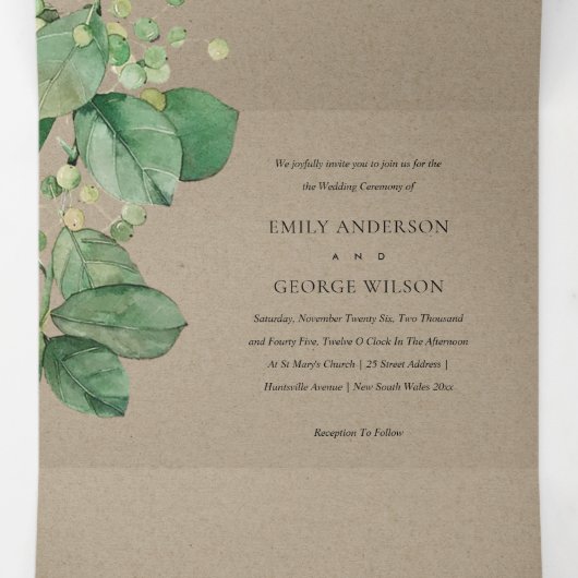 TRENDY KRAFT BERRY LEAFY FOLIAGE GREENERY WEDDING DRIELUIK UITNODIGING (Binnenkant midden)