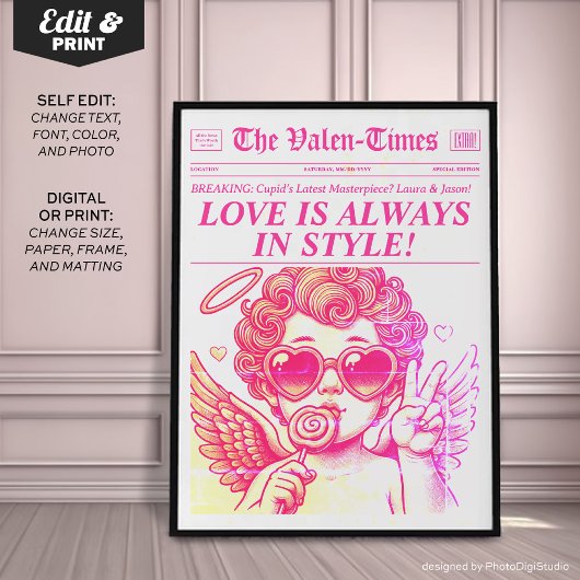 Trendy krant Art Print, Roze Cupido Wall Art Poster