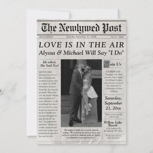 Trendy krant bruiloft uitnodiging foto tijdlijn (Voorkant)