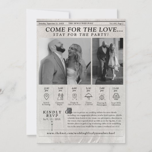 Trendy krant bruiloft uitnodiging foto tijdlijn (Achterkant)