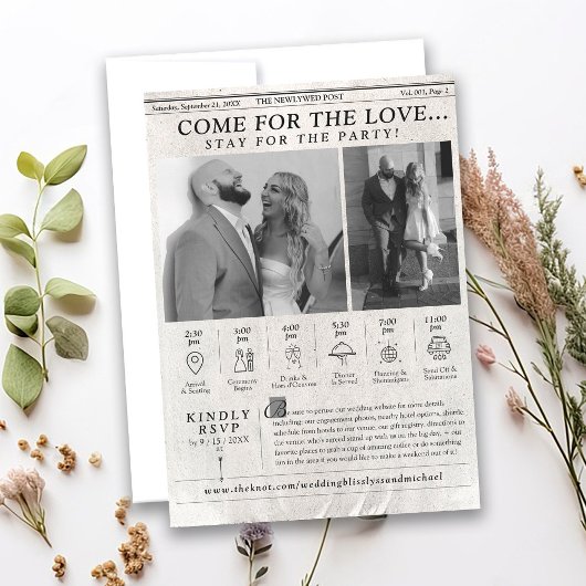 Trendy krant bruiloft uitnodiging foto tijdlijn