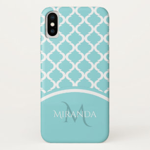 Trendy Large Aqua Quatrefoil Monongram en naam iPhone X Hoesje