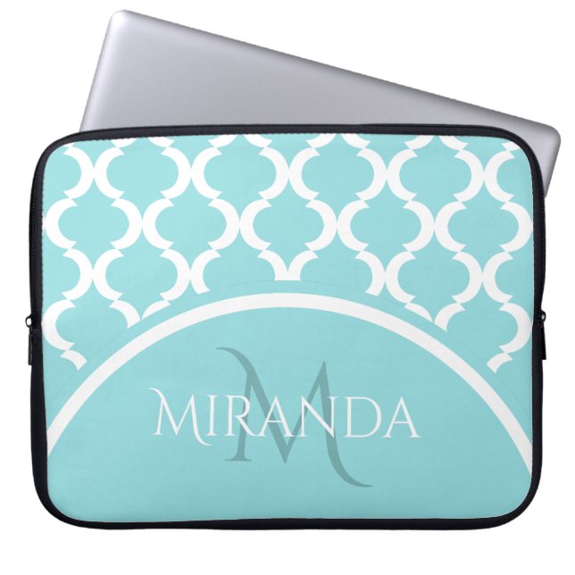 Trendy Large Aqua Quatrefoil Monongram en naam Laptop Sleeve (Voorkant)
