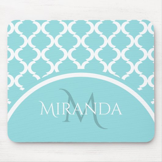 Trendy Large Aqua Quatrefoil Monongram en naam Muismat (Voorkant)