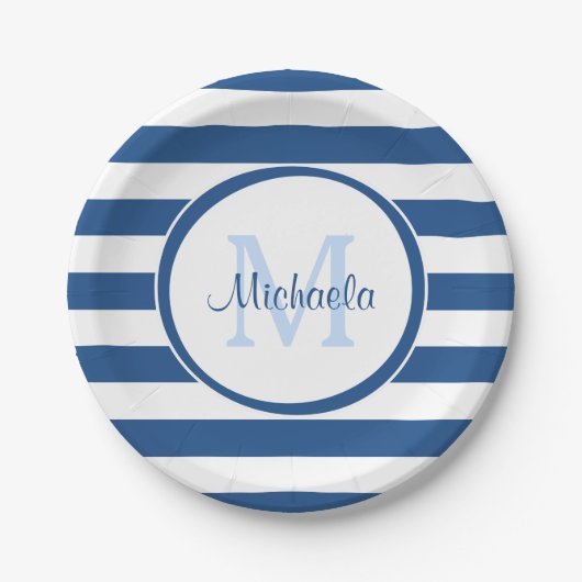 Trendy Large Classic Blue Stripes Monogramname Nam Papieren Bordje (Voorkant)
