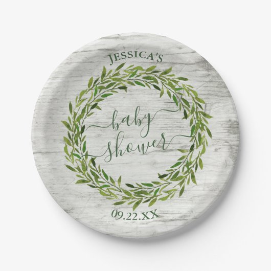 Trendy Laurel Wreath Greenery Baby shower Papieren Bordje (Voorkant)