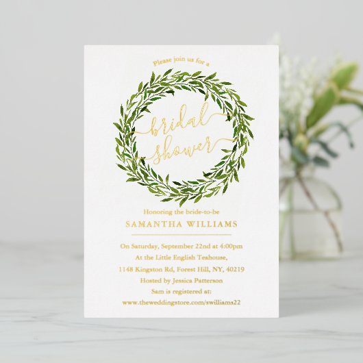 Trendy Laurel Wreath Greenery Vrijgezellenfeest Re Folie Uitnodiging (Staand Voorkant)