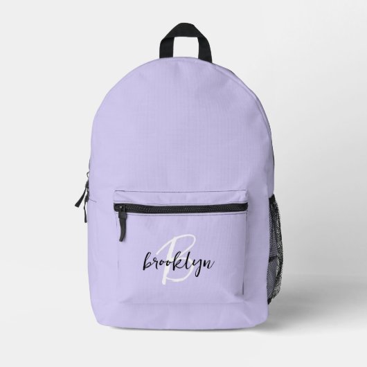 Trendy Lavendel Zwart Wit Script Monogram Bedrukte Rugzak (Voorkant)