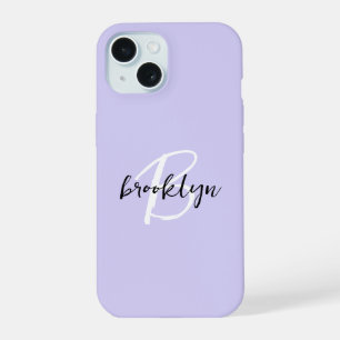 Trendy lavendel zwart wit script monogram iPhone 15 case