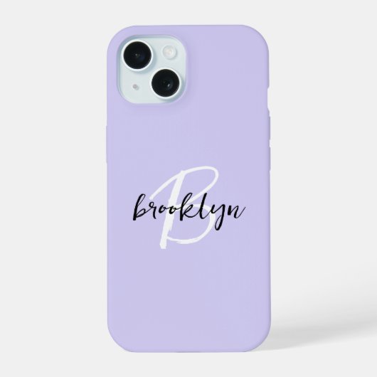Trendy lavendel zwart wit script monogram iPhone 15 case (Achterkant)