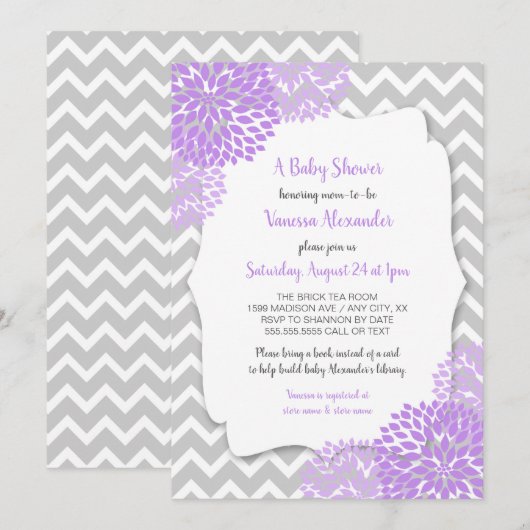 Trendy Lavender Gray Floral Baby shower Invite Kaart (Voorkant / Achterkant)