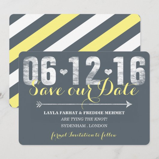 Trendy Lemon & Grey Save the Date (Voorkant / Achterkant)