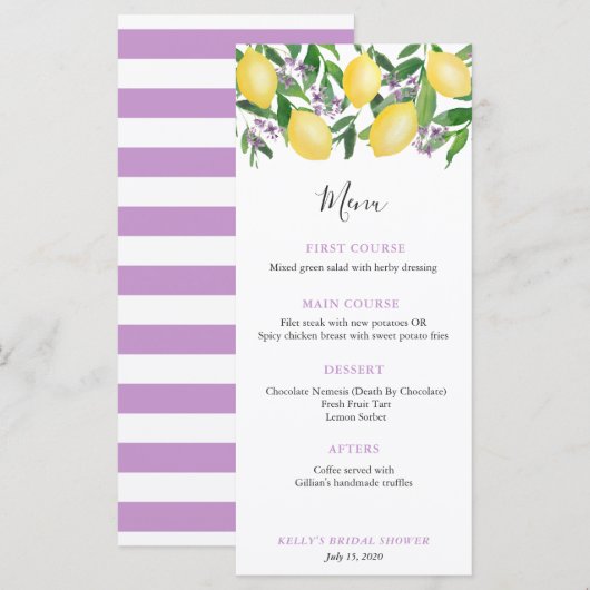 Trendy Lemons Lavendel Trouwdouche Luncheon Menu (Voorkant / Achterkant)