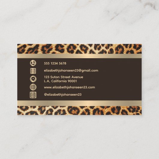 Trendy Leopard Animal Print Bruine en Gouden Strep Visitekaartje (Achterkant)