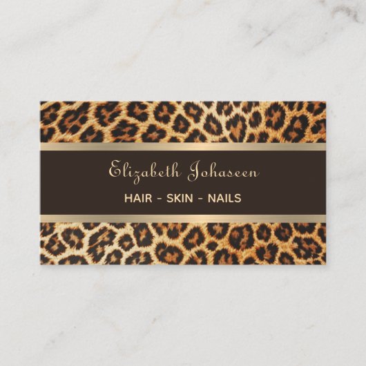Trendy Leopard Animal Print Bruine en Gouden Strep Visitekaartje (Voorkant)