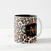 Trendy Leopard Animal Print Patroon Monogram Naam Tweekleurige Koffiemok (Voorkant rechts)