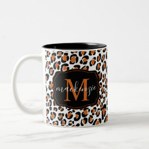 Trendy Leopard Animal Print Pattern Monogram naam Tweekleurige Koffiemok