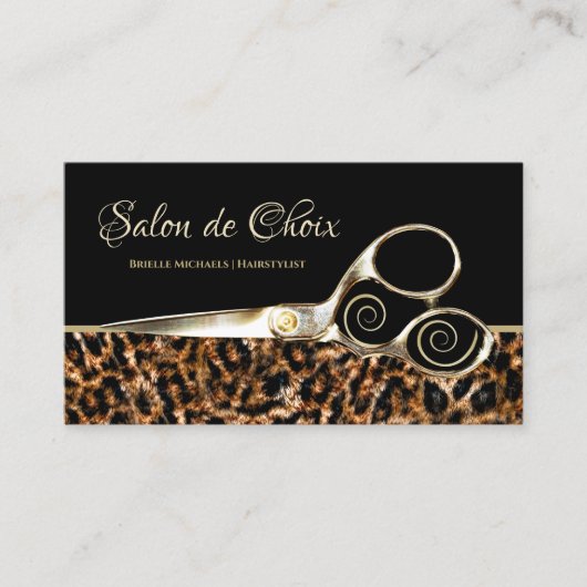 Trendy Leopard Bont Elegante Gouden Schaar Salon Visitekaartje (Voorkant)