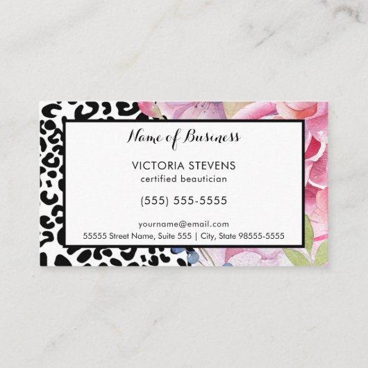 Trendy Leopard Print Bloemen Haarstylist met Kam Visitekaartje (Achterkant)