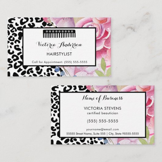 Trendy Leopard Print Bloemen Haarstylist met Kam Visitekaartje (Voorkant / Achterkant)