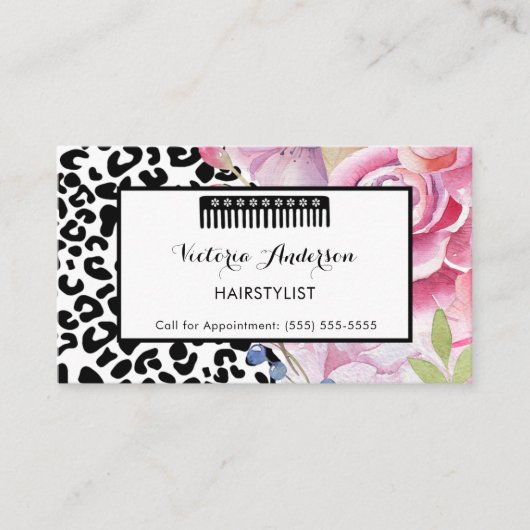 Trendy Leopard Print Bloemen Haarstylist met Kam Visitekaartje (Voorkant)