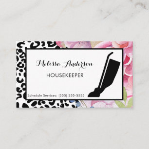Trendy Leopard Print Bloemen Huishoudster en Vacuü Visitekaartje