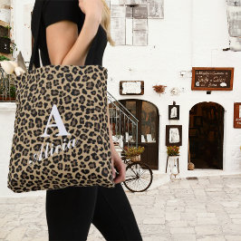 Trendy Leopard Print Custom Monogram & Naam Tote Bag