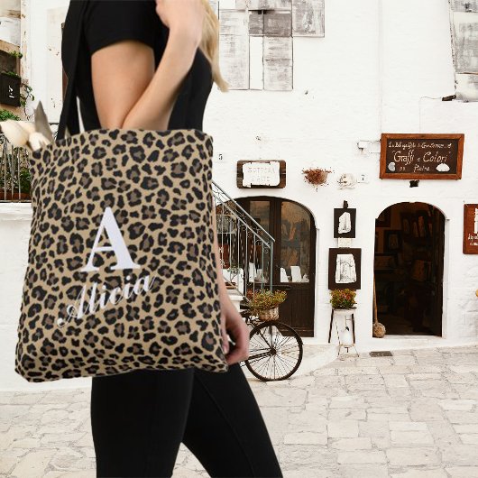 Trendy Leopard Print Custom Monogram & Naam Tote Bag