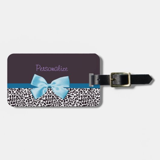 Trendy Leopard Print en Blue Ribbon met naam Bagagelabel (Voorkant horizontaal)