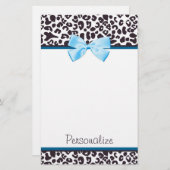 Trendy Leopard Print en Blue Ribbon met naam Briefpapier (Voorkant / Achterkant)