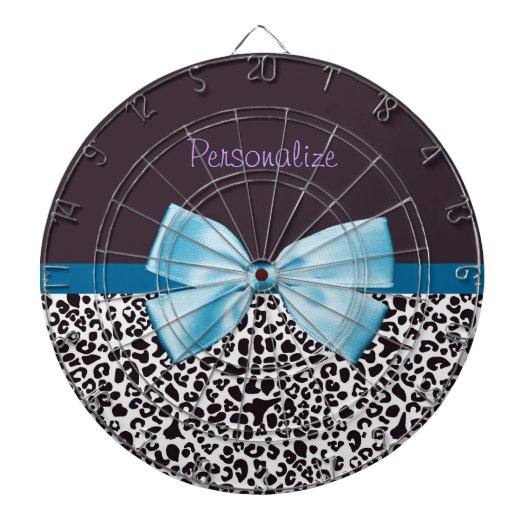 Trendy Leopard Print en Blue Ribbon met naam Dartbord (Voorkant)