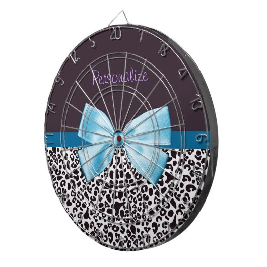 Trendy Leopard Print en Blue Ribbon met naam Dartbord (Voorkant Rechts)