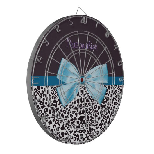 Trendy Leopard Print en Blue Ribbon met naam Dartbord (Voorkant Links)