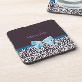 Trendy Leopard Print en Blue Ribbon met naam Drankjes Onderzetter (Linkerzijde)