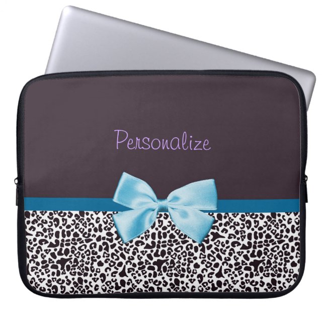 Trendy Leopard Print en Blue Ribbon met naam Laptop Sleeve (Voorkant)