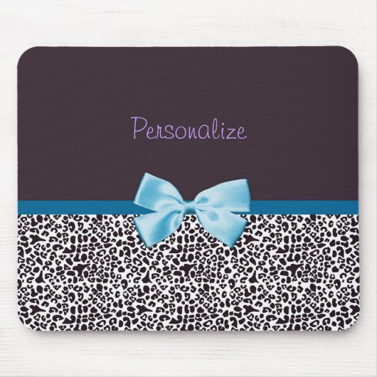 Trendy Leopard Print en Blue Ribbon met naam Muismat (Voorkant)