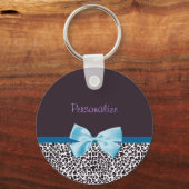 Trendy Leopard Print en Blue Ribbon met naam Sleutelhanger (Voorkant)