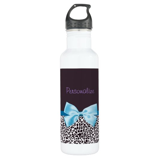 Trendy Leopard Print en Blue Ribbon met naam Waterfles (Voorkant)