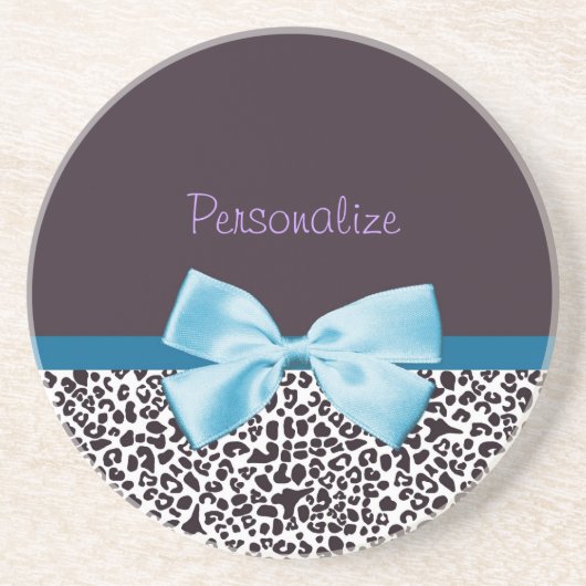 Trendy Leopard Print en Blue Ribbon met naam Zandsteen Onderzetter (Voorkant)