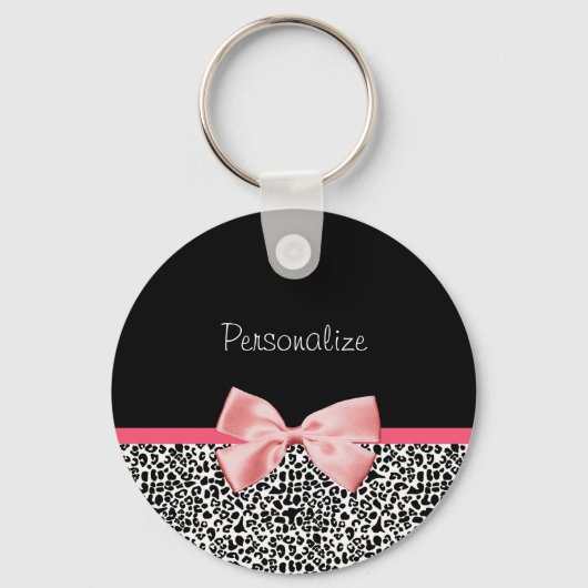 Trendy Leopard Print en roze lint met naam Sleutelhanger (Voorkant)
