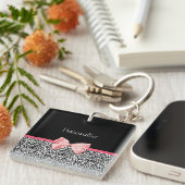 Trendy Leopard Print en roze lint met naam Sleutelhanger (Voorkant Rechts)