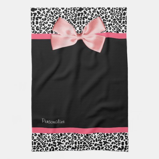 Trendy Leopard Print en roze lint met naam Theedoek (Verticaal)