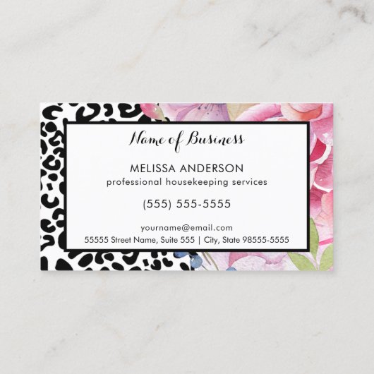 Trendy Leopard Print Floral Housekeeper en Vacuum Visitekaartje (Achterkant)