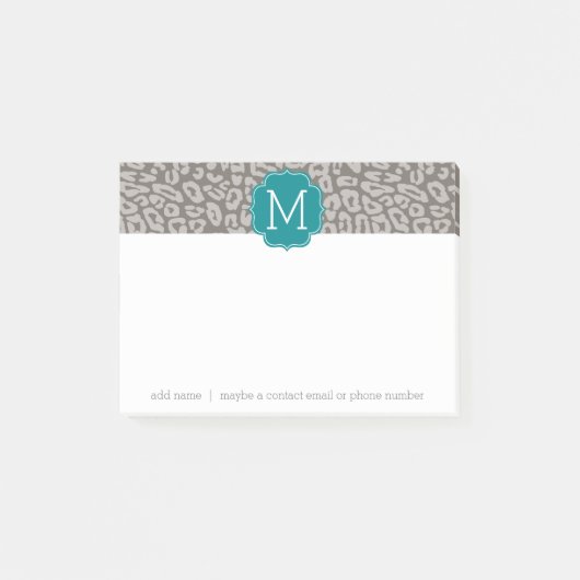 Trendy Leopard Print Pattern met Aqua Monogram Post-it® Notes (Voorkant)