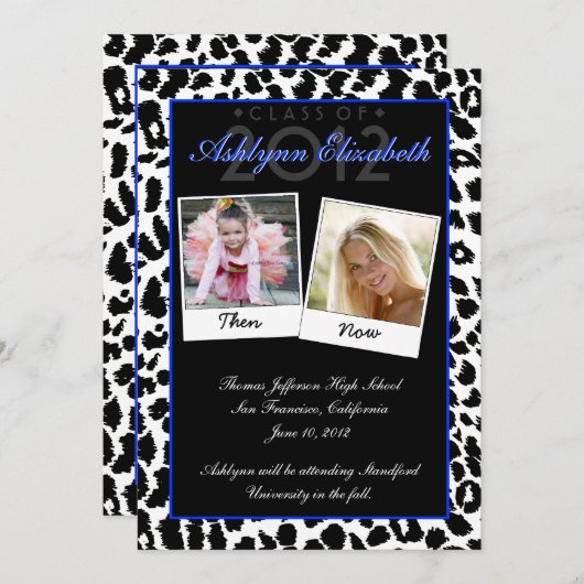 Trendy Leopard Then and Now Graduation Invitation Kaart (Voorkant / Achterkant)