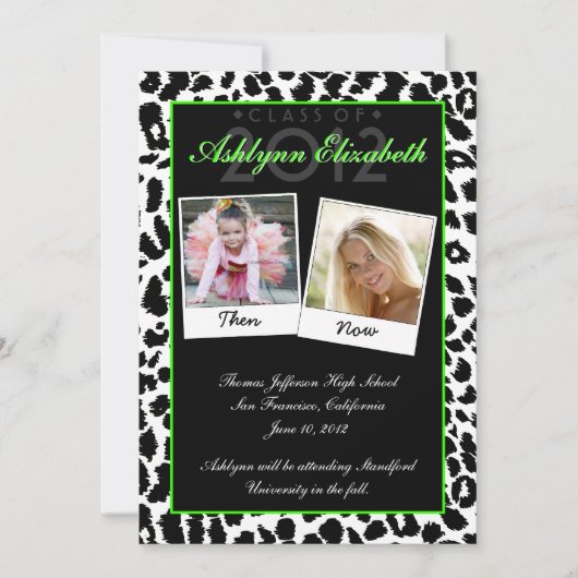 Trendy Leopard Then and Now Graduation Invitation Kaart (Voorkant)