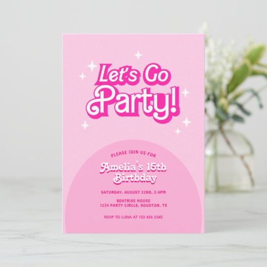 trendy Let's Go Party roze Verjaardag Kaart (Staand voorkant)