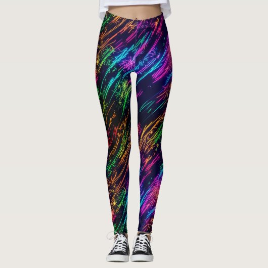 Trendy Leuk Kleurrijk Regenboog Vuurwerk Zwart Fee Leggings (Voorkant)