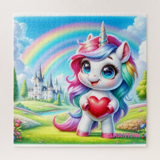 Trendy leuke eenhoorn met hart en regenboog legpuzzel (Verticaal)
