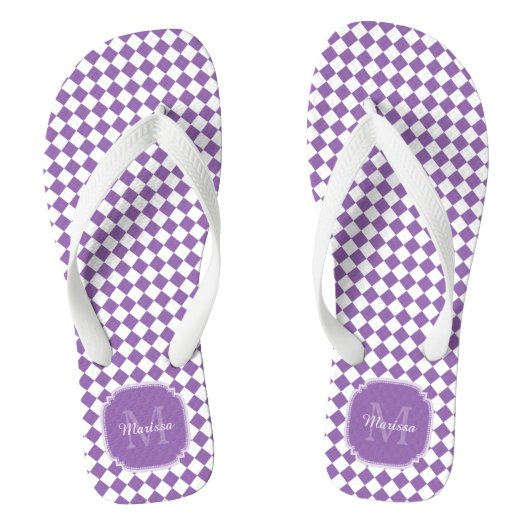 Trendy Licht Paarse Geruite Monogram Naam Teenslippers (Voetbed)